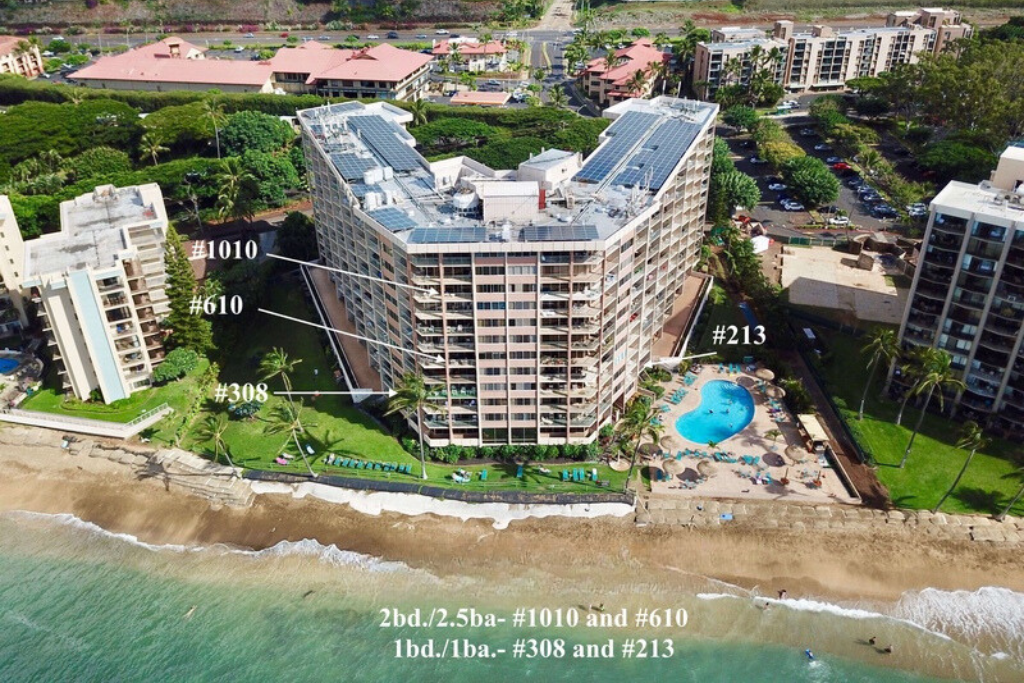 Lahaina Vacation Rentals, Royal Kahana 213 - Aerial view shows Royal Kahana 213's ideal location near the beach and lush resort surroundings.