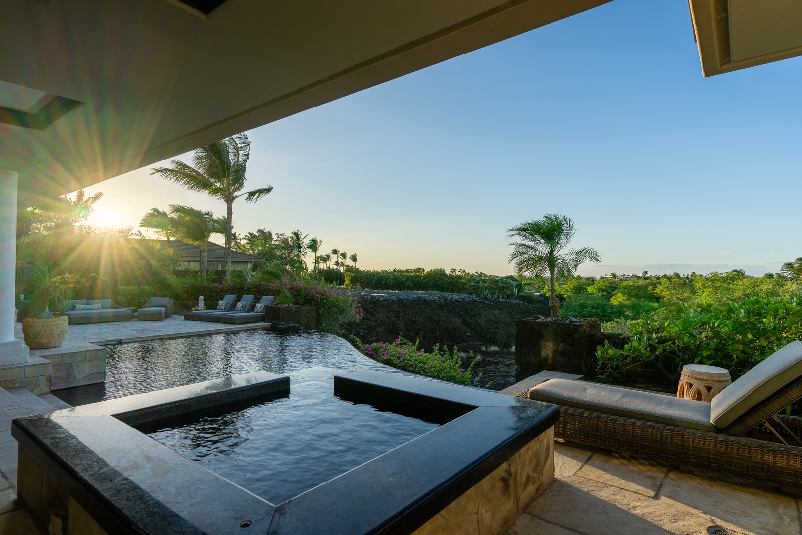 Kamuela Vacation Rentals, Canoe House at Champion Ridge - Infinity pool and hot tub with breathtaking sunset views and the surrounding landscape.