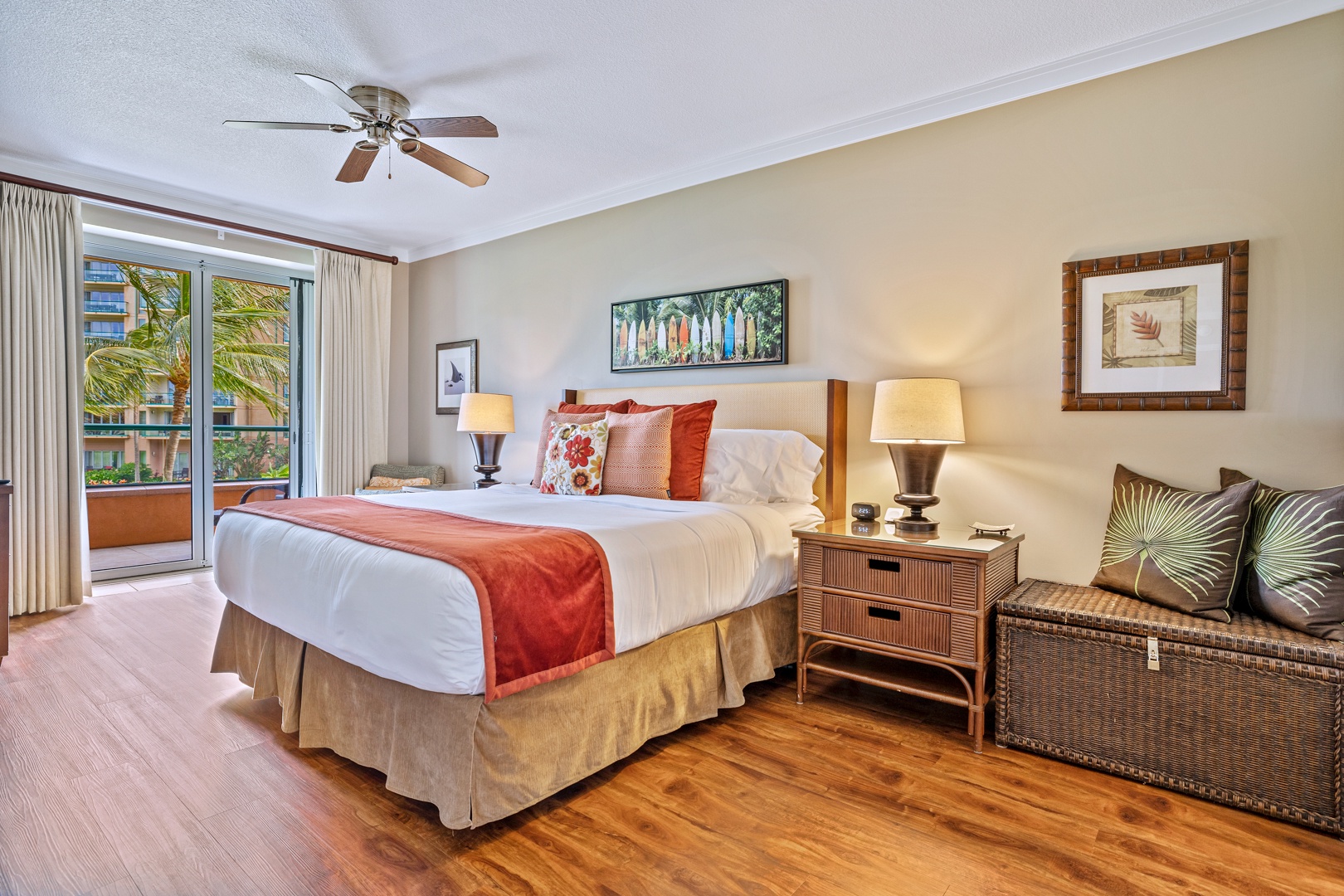 Lahaina Vacation Rentals, Honua Kai Konea 204 - The primary suite has king-sized bed, ceiling fan and outdoor views.