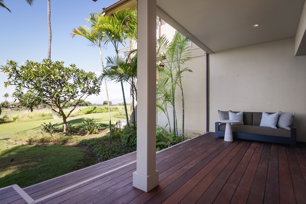 Kailua Kona Vacation Rentals, 3BD Ka'Ulu Villa (109A) at Hualalai Resort - Opposite end of the lanai with plush seating just outside of the primary bedroom.