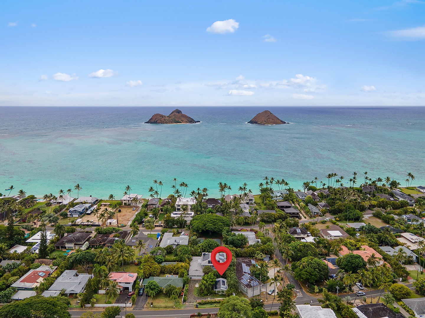 Kailua Vacation Rentals, Lanikai Ohana Hale - Aerial with Mokulua Islands in the distance.