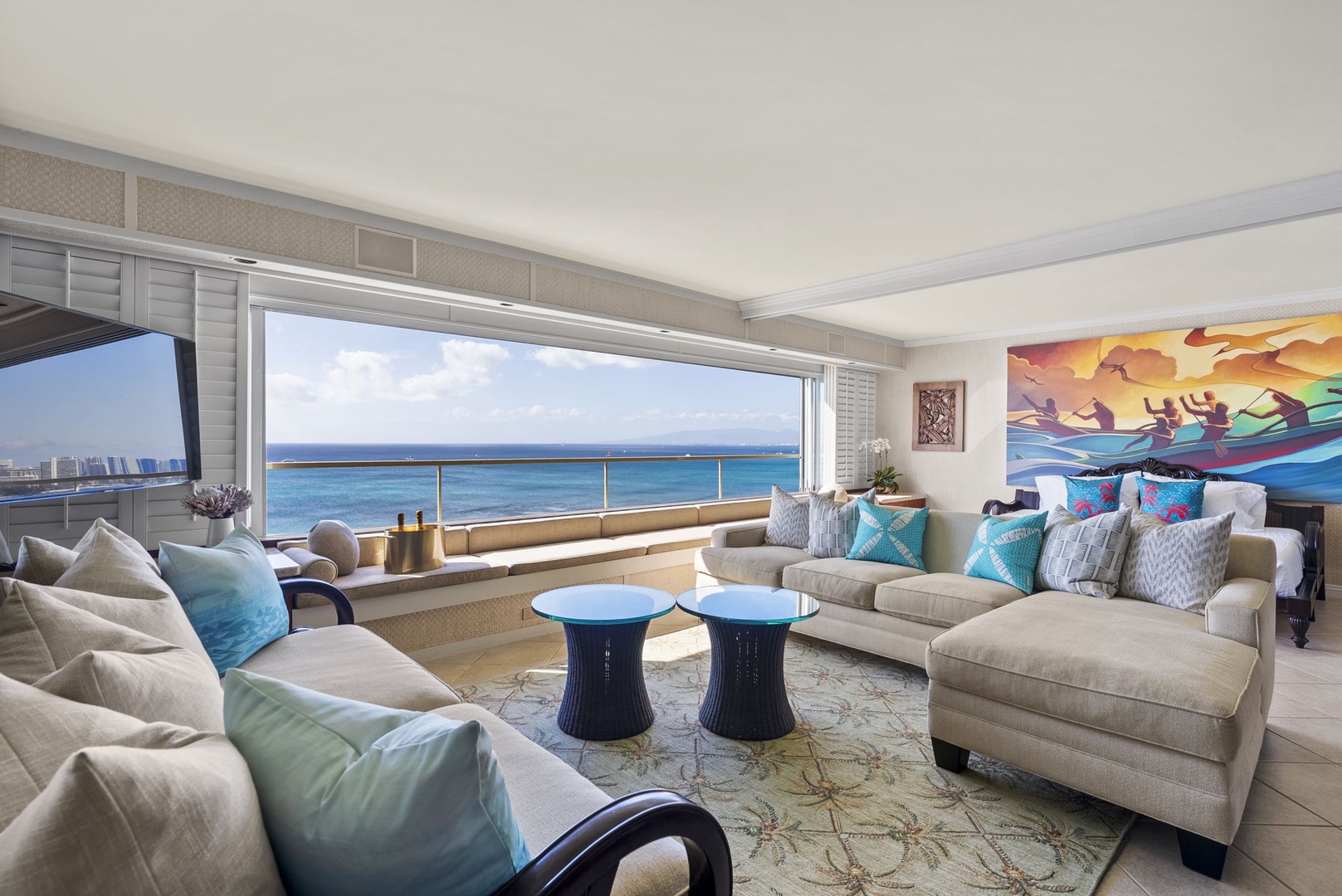 Honolulu Vacation Rentals, Hale Kaimana - Living room with unique artwork and coastal views.