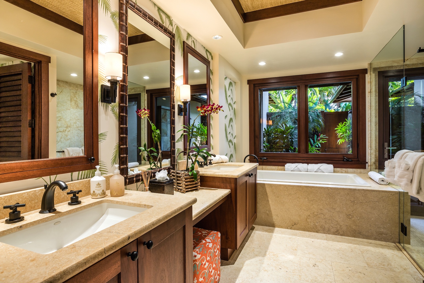 Kailua Kona Vacation Rentals, 2BD Hali'ipua Villa (108) at Four Seasons Resort at Hualalai - Spacious and elegant primary bathroom with double vanity.