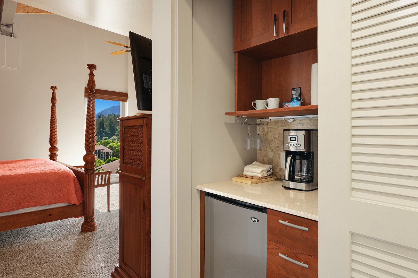 Princeville Vacation Rentals, Hanalei Bay Resort 4301/2/3 - Convenient kitchenette with mini-fridge, coffee maker, and shelving for a comfortable stay.