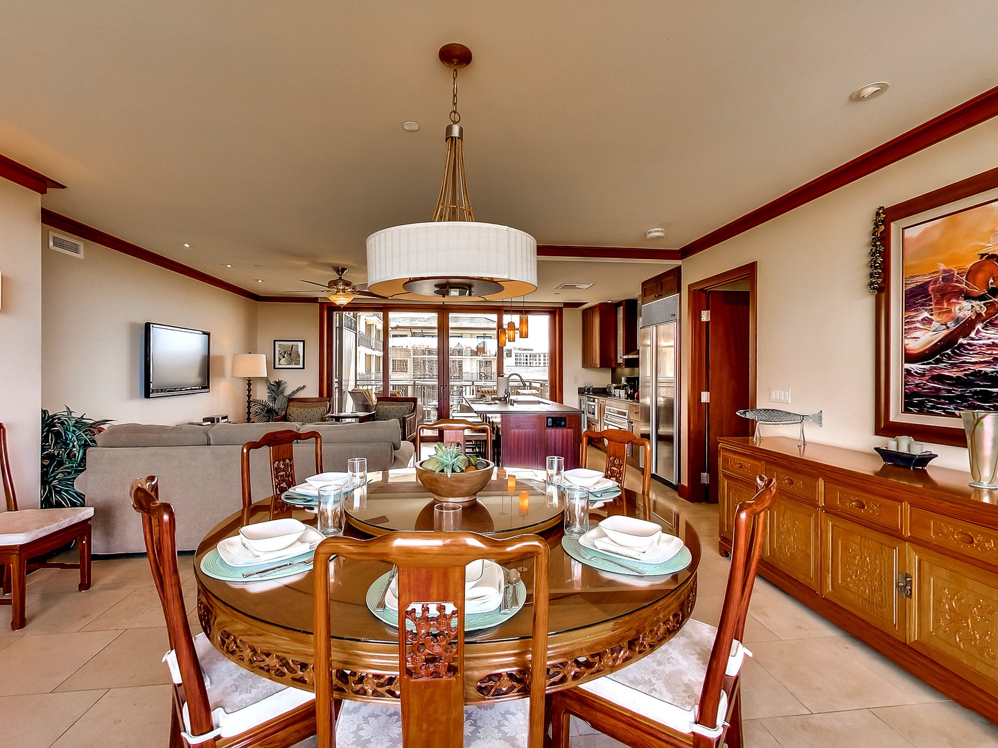 Kapolei Vacation Rentals, Ko Olina Beach Villas O1011 - The Polynesian style furnishings in the dining area.