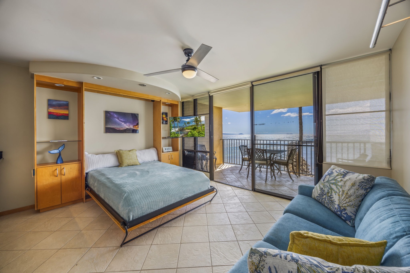 Wailuku Vacation Rentals, Milowai 310 - Fold away the wall bed and the same doors open onto a bright daytime version of the view.