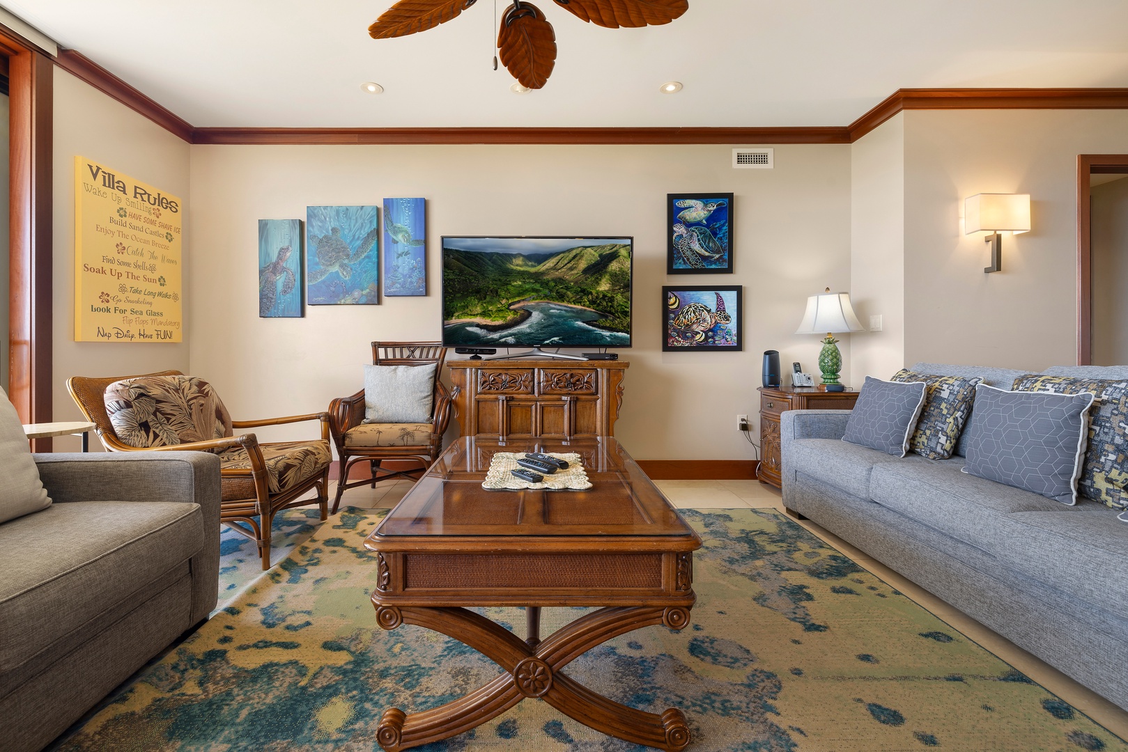 Kapolei Vacation Rentals, Ko Olina Beach Villas O724 - Sink in to the plush living area for movie night on the TV.