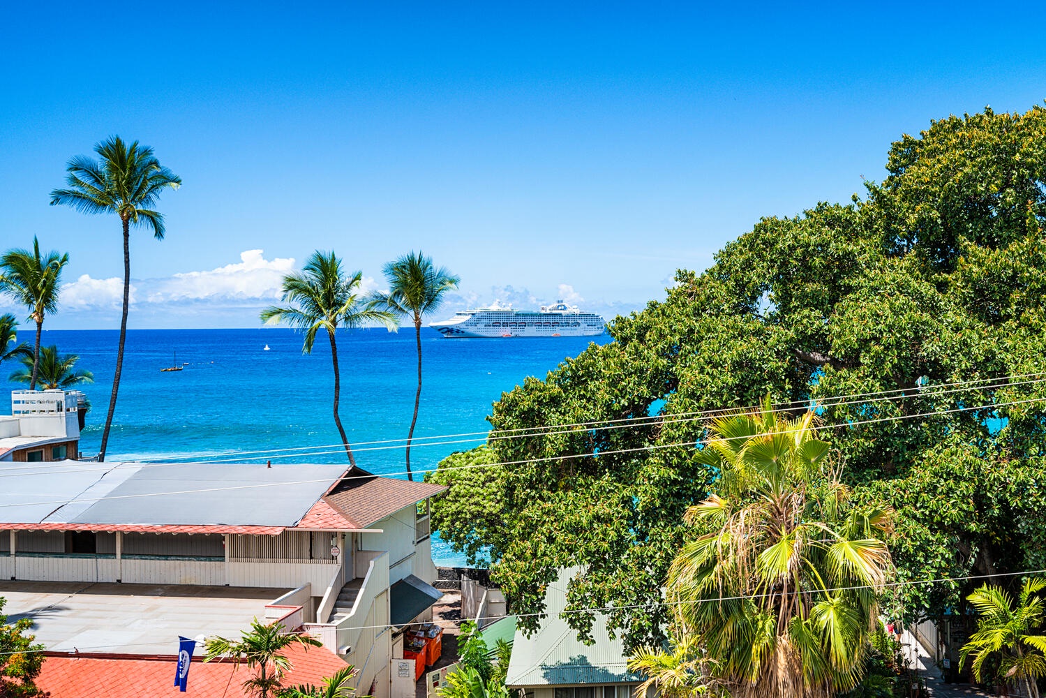 Kailua Kona Vacation Rentals, Kona Plaza 201 - Tropical paradise with pristine blue waters, swaying palms, and a cruise ship on the horizon—a perfect Caribbean getaway location.