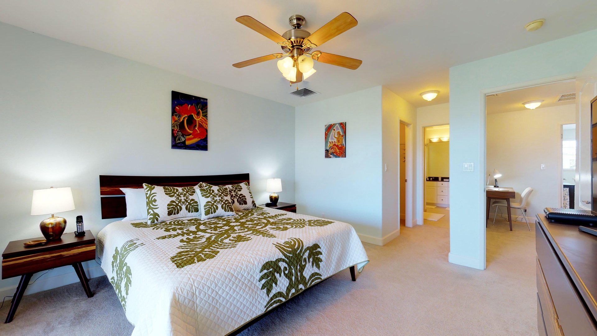 Kapolei Vacation Rentals, Ko Olina Kai 1035D - The spacious primary guest bedroom upstairs with soft linens and a ceiling fan.