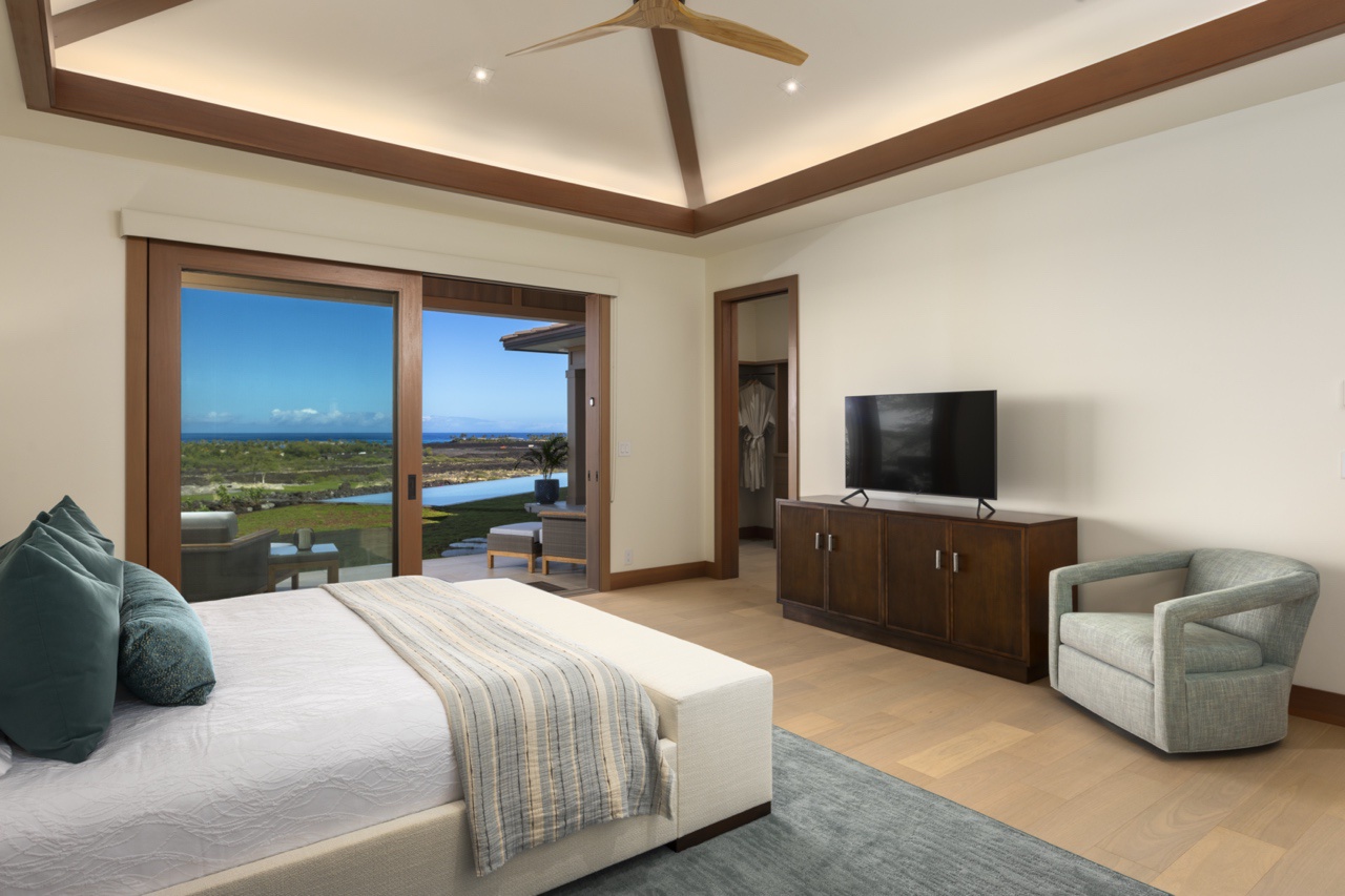Kailua Kona Vacation Rentals, 4BR Luxury Puka Pa Estate (1201) at Four Seasons Resort at Hualalai - Primary guest suite with lanai garden views, ensuite bathroom, and amazing views.