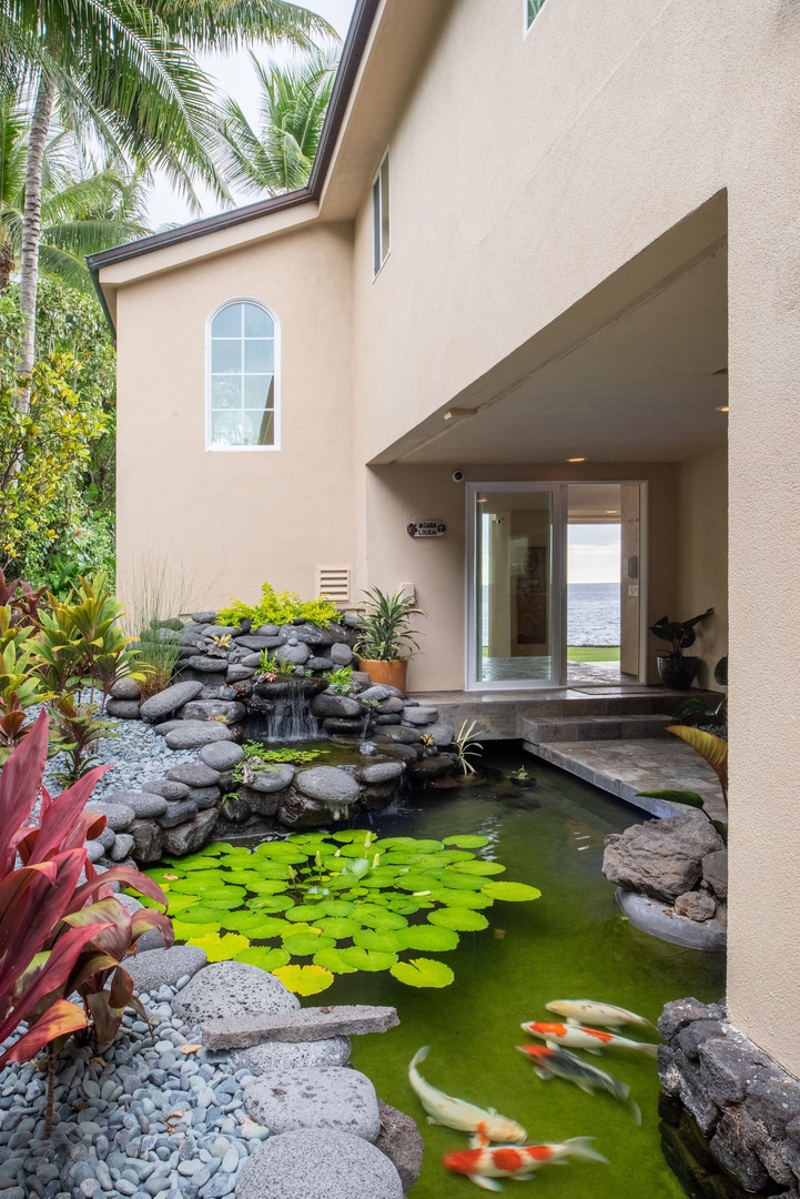 Kailua Kona Vacation Rentals, Kona Beach Bungalows** - Entry Area beautifully harmonized with a tranquil Koi Pond.