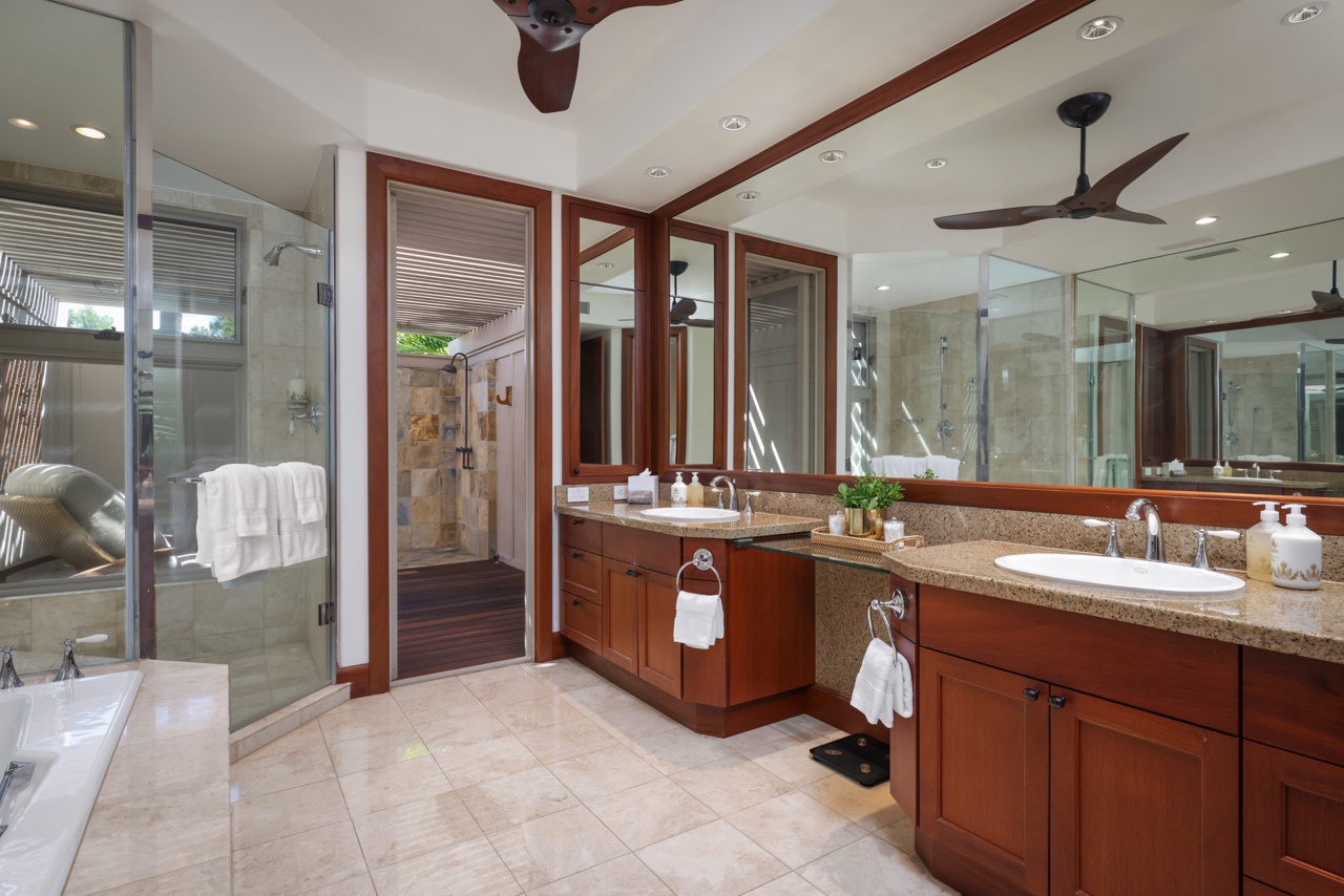 Kailua Kona Vacation Rentals, 3BD Ka'Ulu Villa (109A) at Hualalai Resort - Primary en suite bath with dual vanities, indoor & outdoor shower and private W/C.