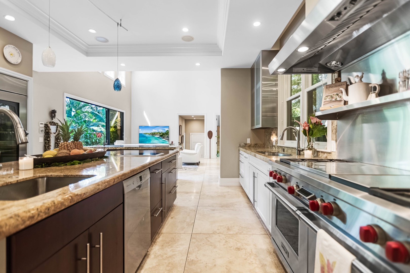 Honolulu Vacation Rentals, Pili Pono - Long galley kitchen with premium finishes and double ovens.