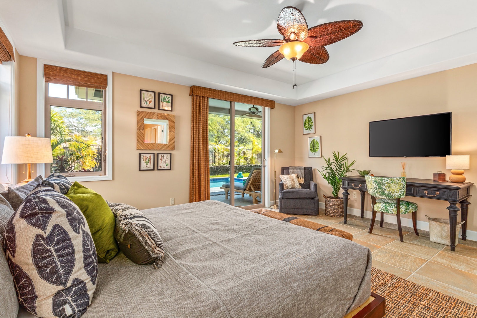 Kamuela Vacation Rentals, 3BD KaMilo (349) Home at Mauna Lani Resort - Alternate view of primary bedroom highlighting spaciousness, seating area, and natural light.