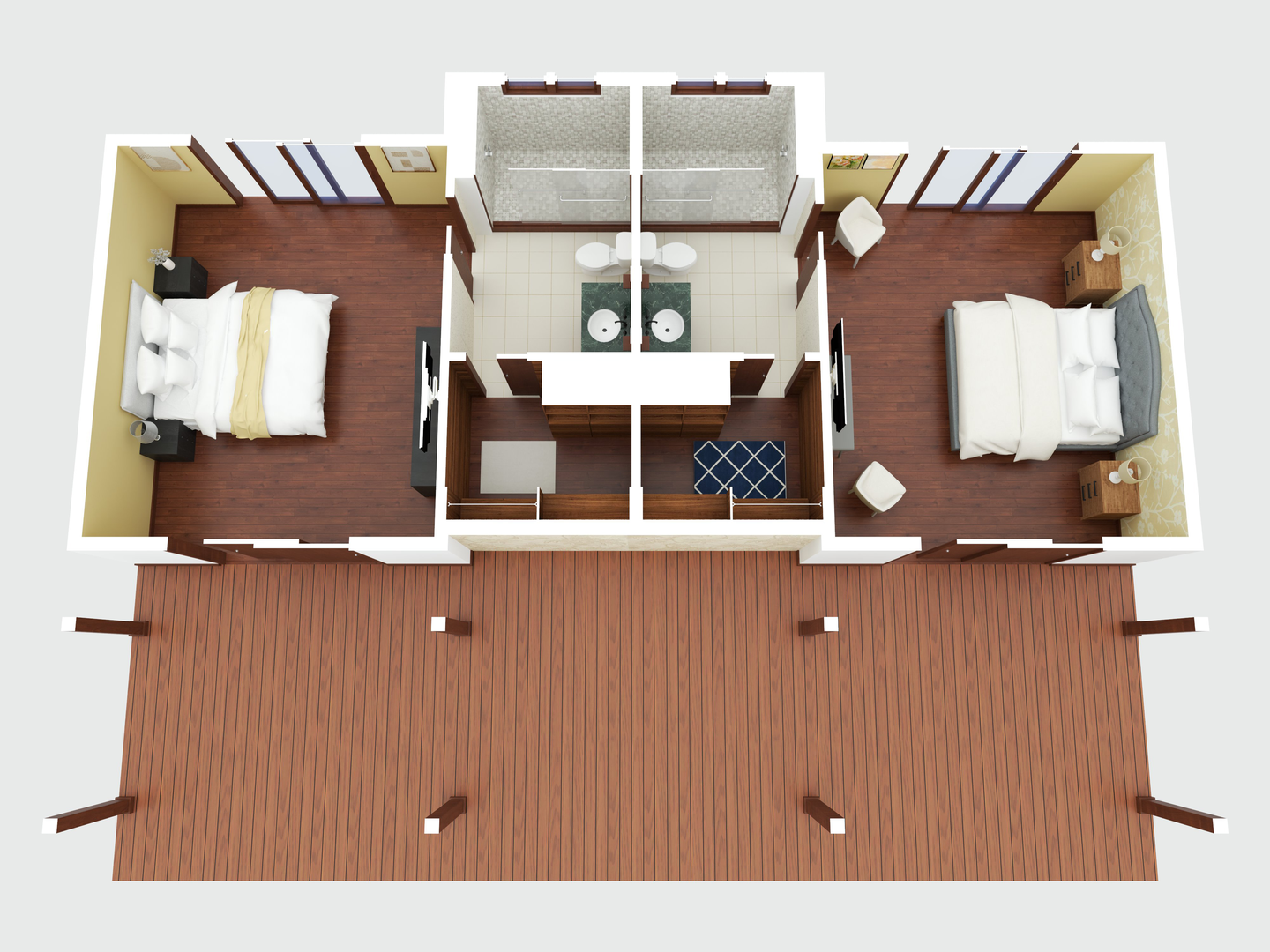 Kailua Vacation Rentals, Castle Point Estate - 3D layout of a guest wing featuring twin beds, ideal for family or group travel.