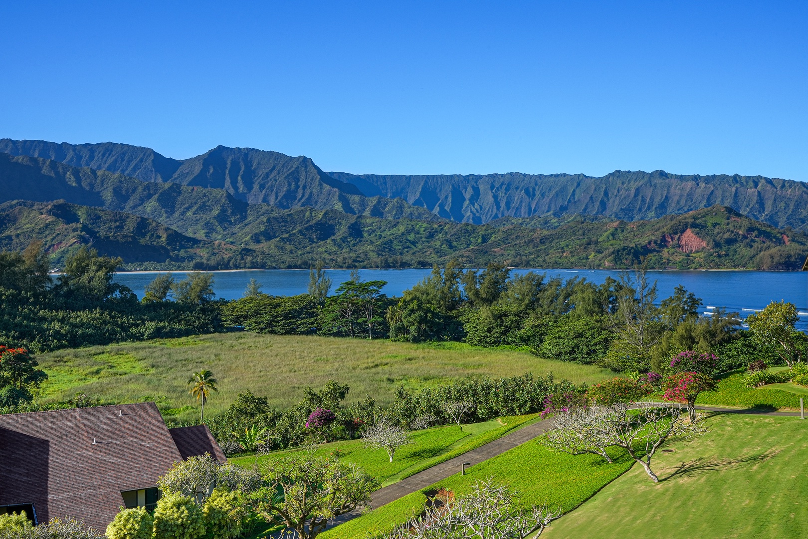 Princeville Vacation Rentals, Hanalei Bay Resort 4302/3 - Relax and soak in the stunning views of Hanalei Bay and the lush mountains beyond.