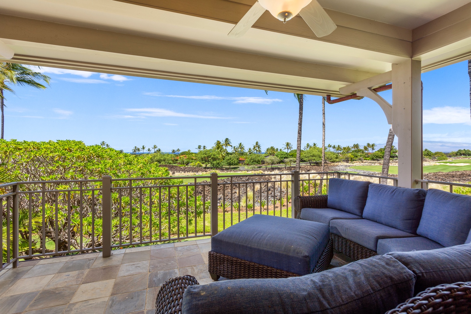 Kailua Kona Vacation Rentals, OFB 3BD Ka'Ulu Villa (129D) at Four Seasons Resort at Hualalai - Close view of lanai seating and view.