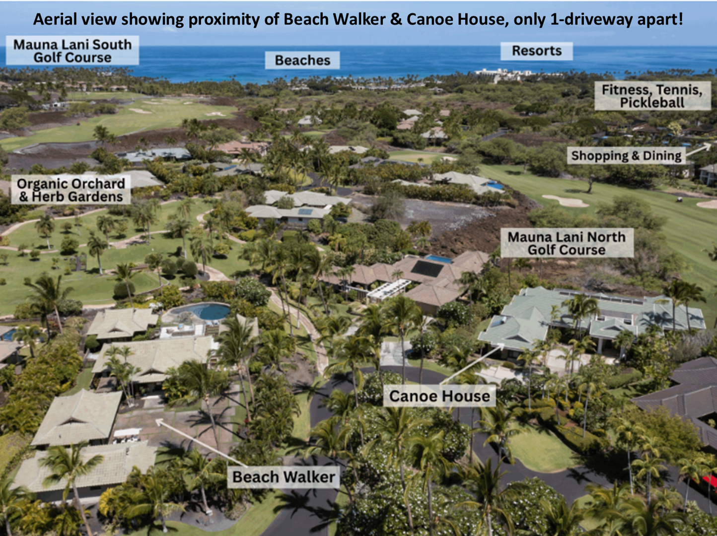 Kamuela Vacation Rentals, Canoe House & Beach Walker at Champion Ridge - Aerial view shows homes just one driveway apart—perfect for togetherness and personal space.