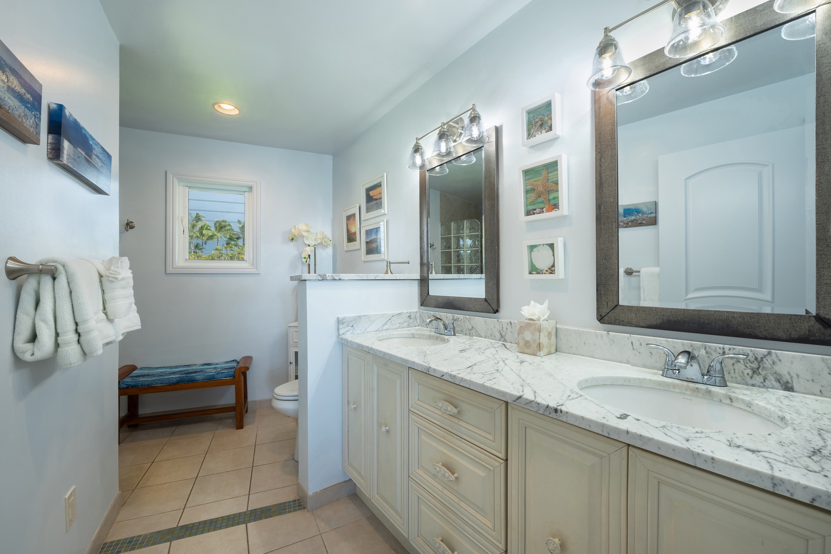 Princeville Vacation Rentals, Moana Kai - Twin vanities in the updated bath, so nobody negotiates for the mirror before a night out.