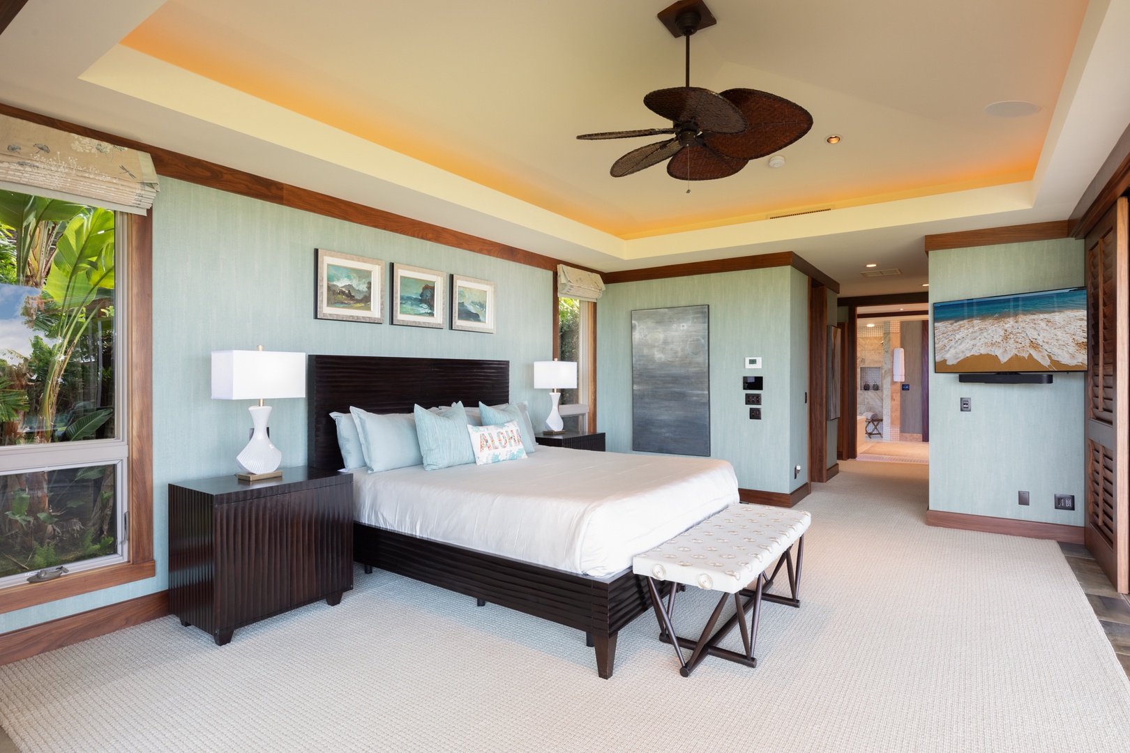Kailua Kona Vacation Rentals, 5BD Ke Alaula Estate (144) at Hualalai Resort - Reverse view of the elegant primary suite leading toward the ensuite bathroom.