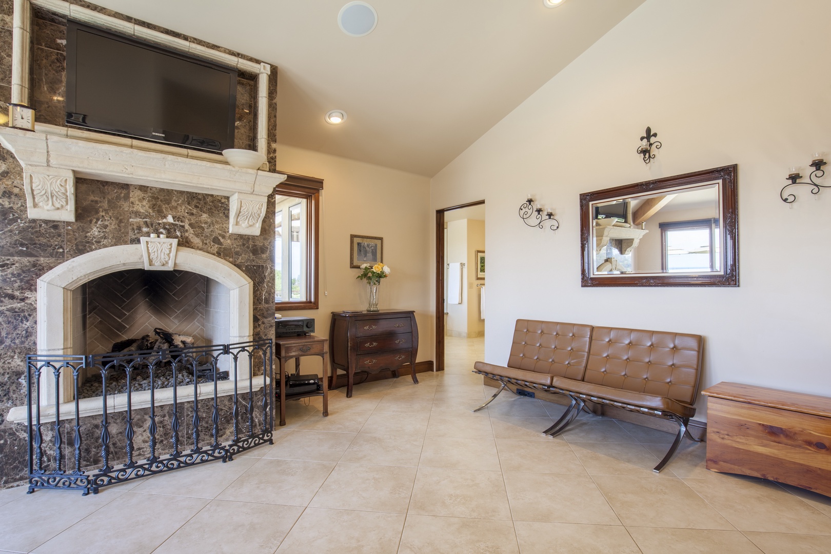 La Jolla Vacation Rentals, Jewel Above La Jolla Shores - Detailed fireplace and large TV with seating area