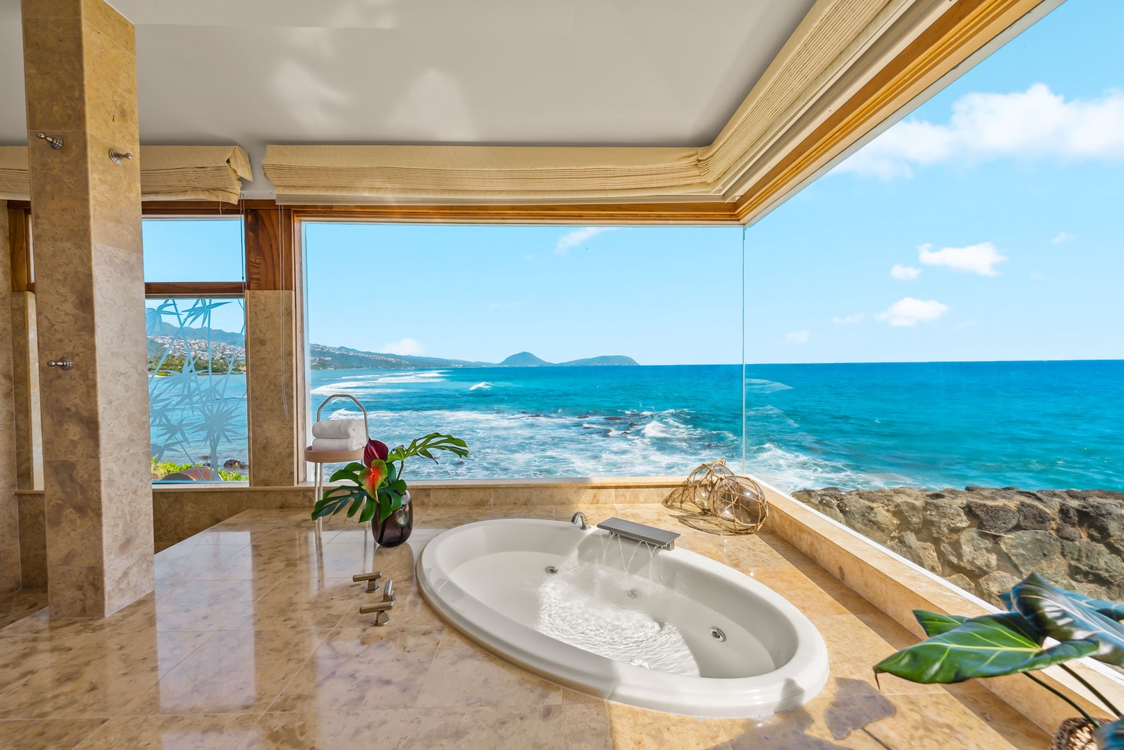 Honolulu Vacation Rentals, Black Point Ocean Villa - Soak in your private jetted tub while gazing at endless ocean views through floor-to-ceiling windows.