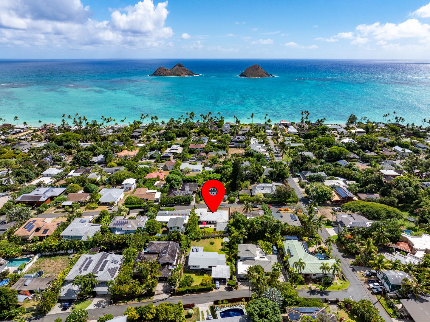 Kailua Vacation Rentals, Hale Alapi'i Lanikai Getaway - This breathtaking aerial view captures a vibrant neighborhood with direct views of the iconic offshore islands.