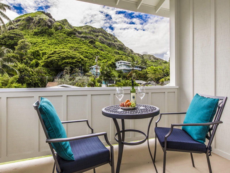 Kailua Vacation Rentals, Hale Nani Lanikai - Relax with a cool drink on the covered lanai right off of the second-level primary bedroom.