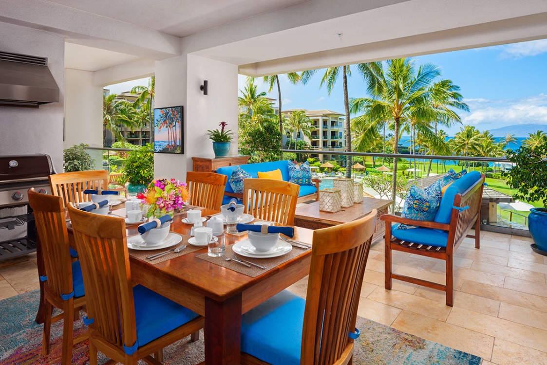 Kapalua Vacation Rentals, Ocean Dreams Premier Ocean Grand Residence 2203 at Montage Kapalua Bay* - Ocean View Outdoor Covered Veranda and Dining Area with Teak Furniture