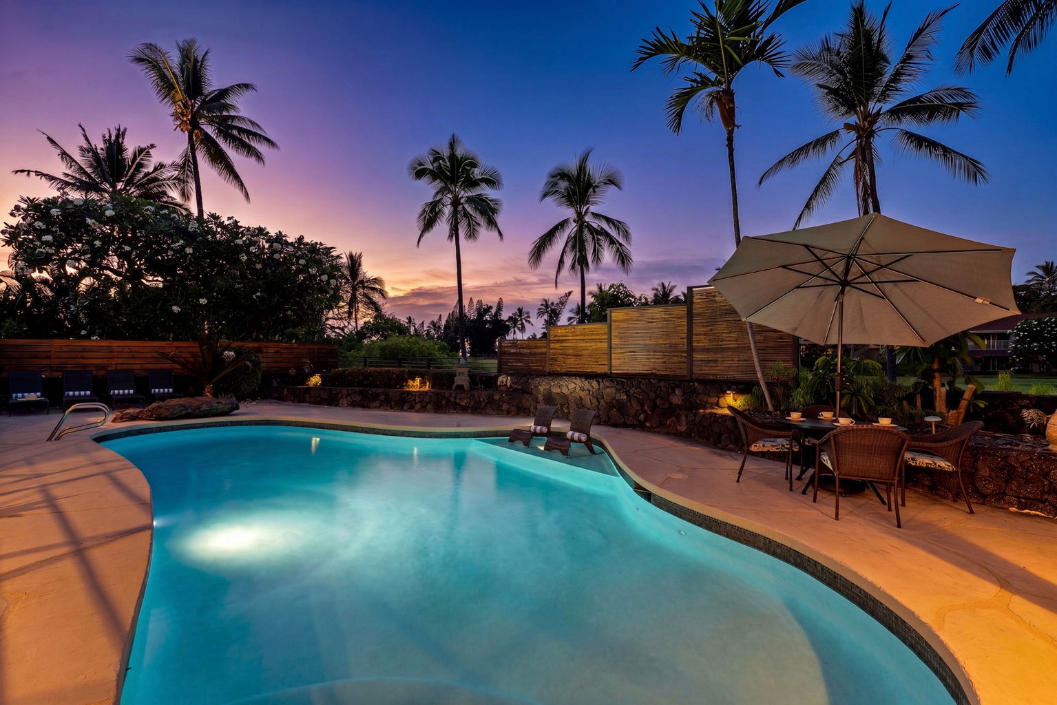 Kailua Kona Vacation Rentals, Manukai Hale - Twilight settles over the private pool while the deck holds onto the last warm light.