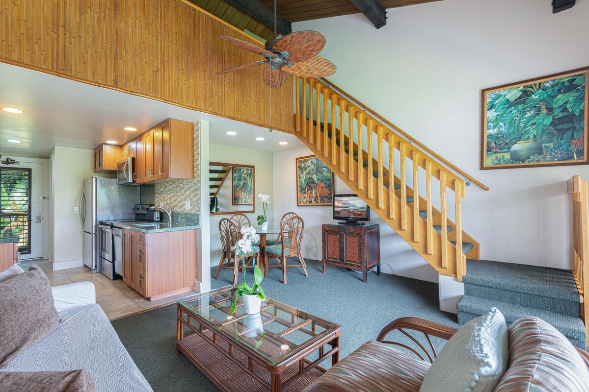 Princeville Vacation Rentals, Hanalei Bay Resort 1535/6 - Open layout with seating, dining, and kitchen all in one welcoming space.