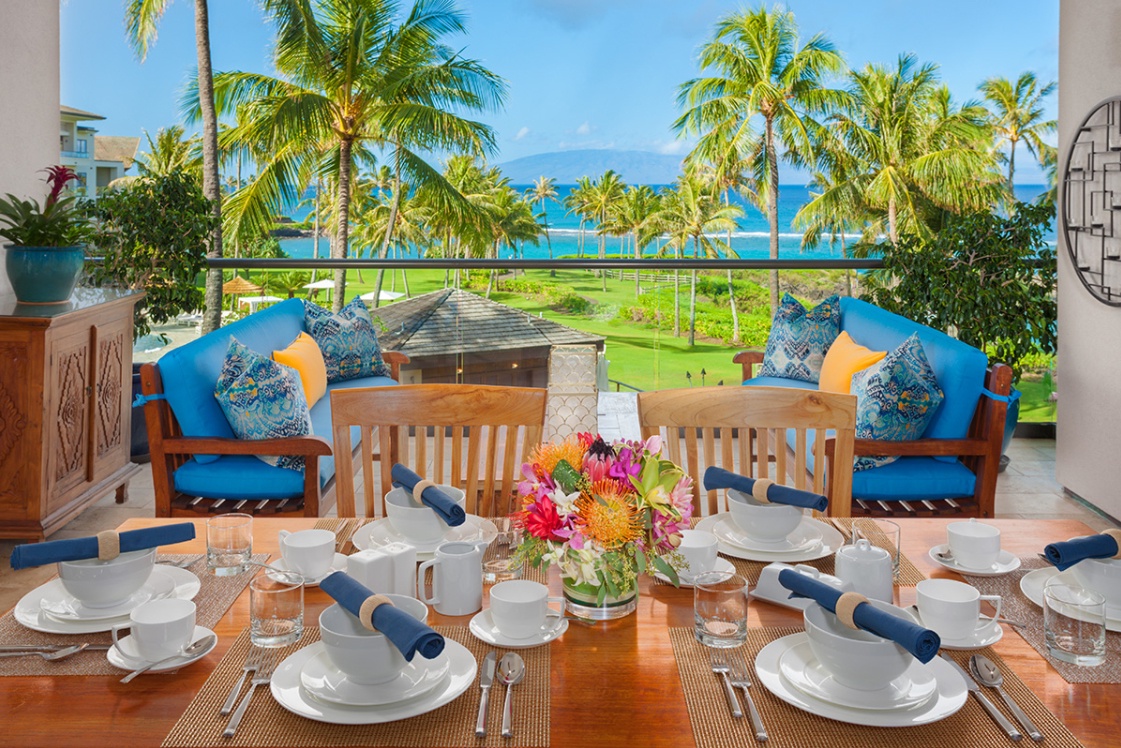 Kapalua Vacation Rentals, Ocean Dreams Premier Ocean Grand Residence 2203 at Montage Kapalua Bay* - Ocean View Outdoor Covered Veranda and Dining Area with Teak Furniture