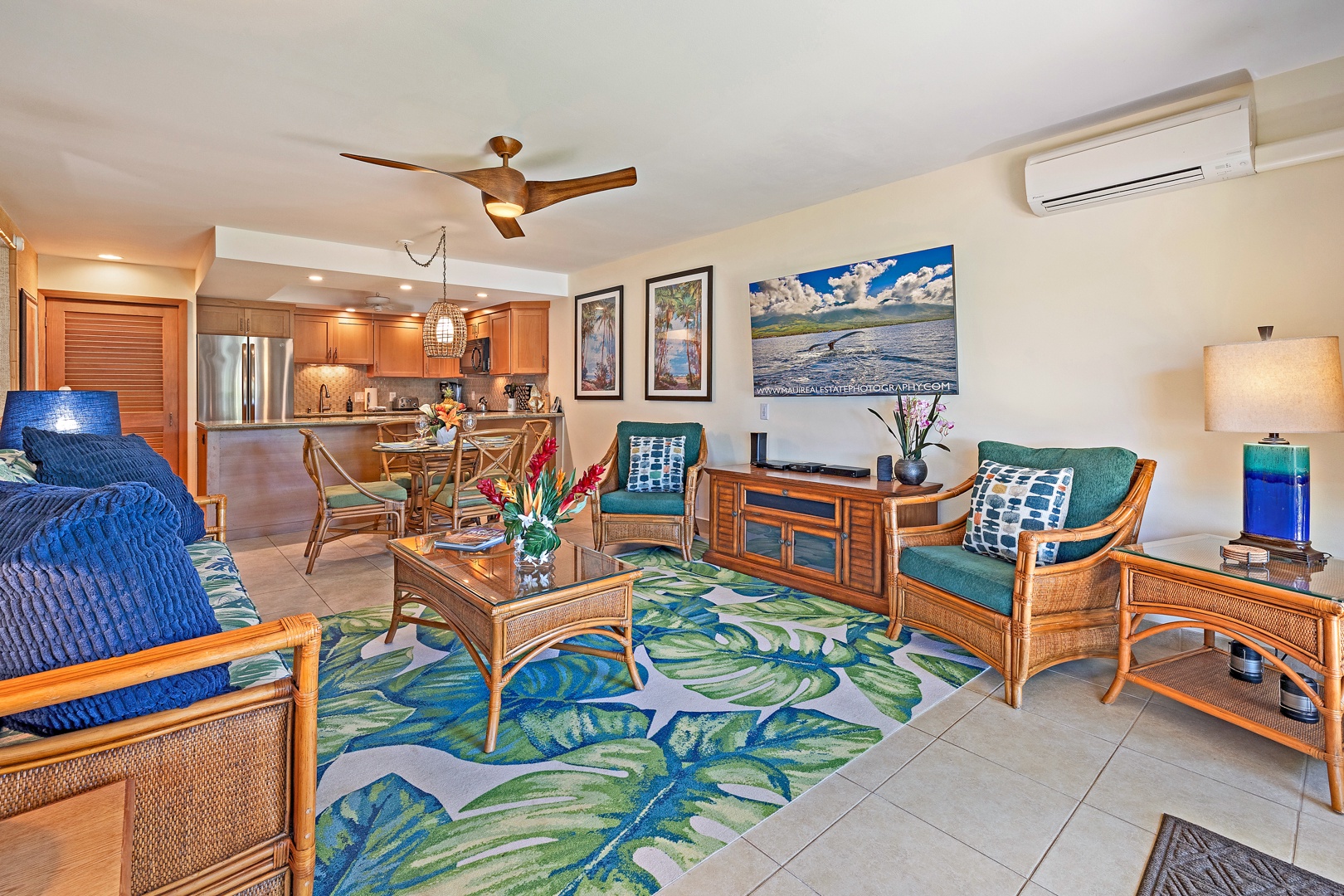 Lahaina Vacation Rentals, Kahana Sunset B4B - The spacious living area, with its tropical accents and comfortable seating, flows effortlessly into the kitchen and dining spaces.