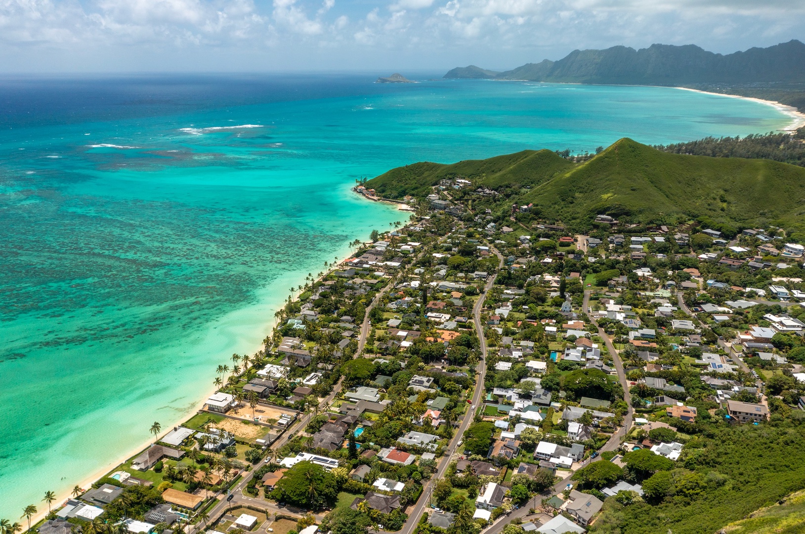Kailua Vacation Rentals, Mokulua Seaside - Aerial shot of the beach with turquoise blue waters