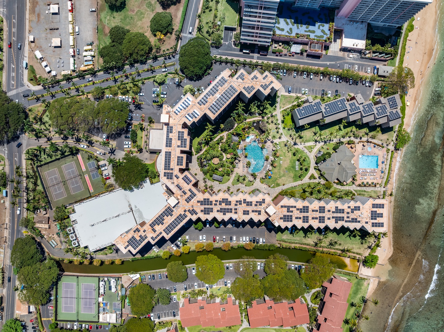 Lahaina Vacation Rentals, Kaanapali Shores 544 - Bird’s-eye view of Kaanapali Shores 544, showcasing lush grounds and resort amenities.