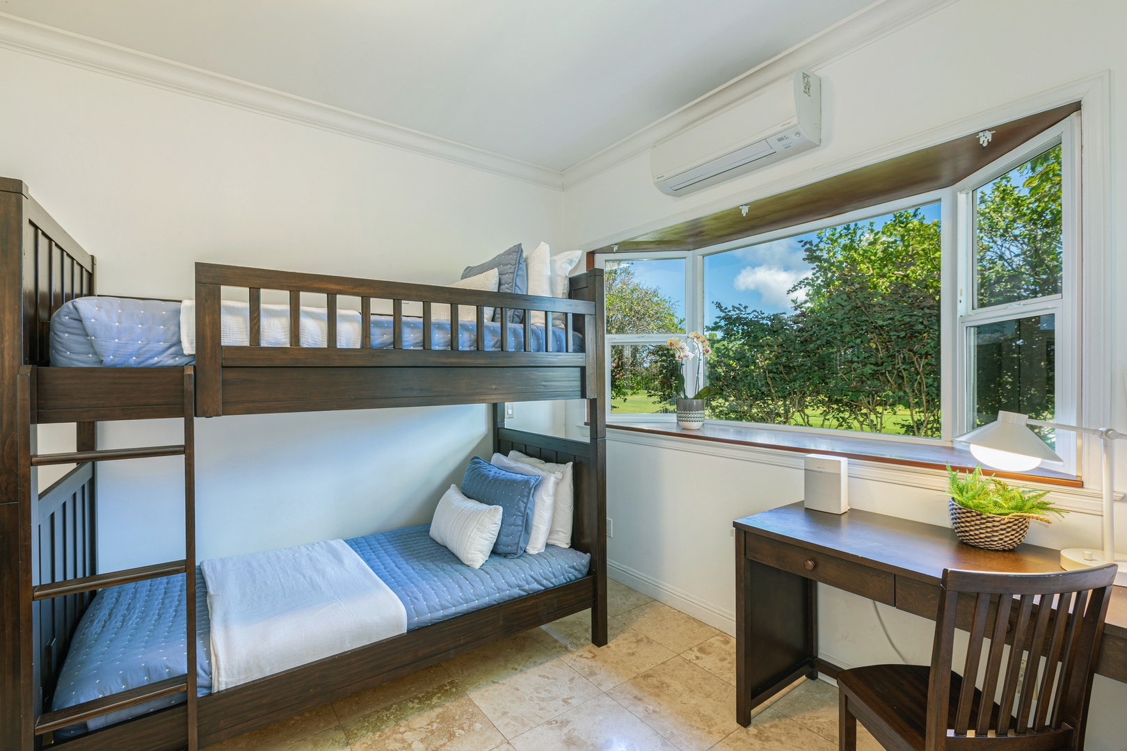 Princeville Vacation Rentals, Ohana Kamalani - Cozy bunk room featuring twin-over-twin bunks and a study nook, ideal for younger guests.