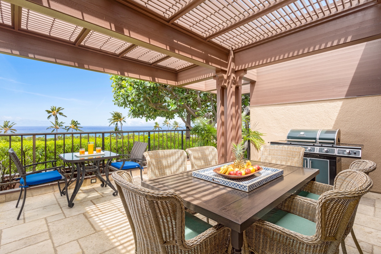 Kamuela Vacation Rentals, OFB 3BD Villas (39) at Mauna Kea Resort - Upper lanai off second bedroom, with outdoor dining seating and barbecue grill.