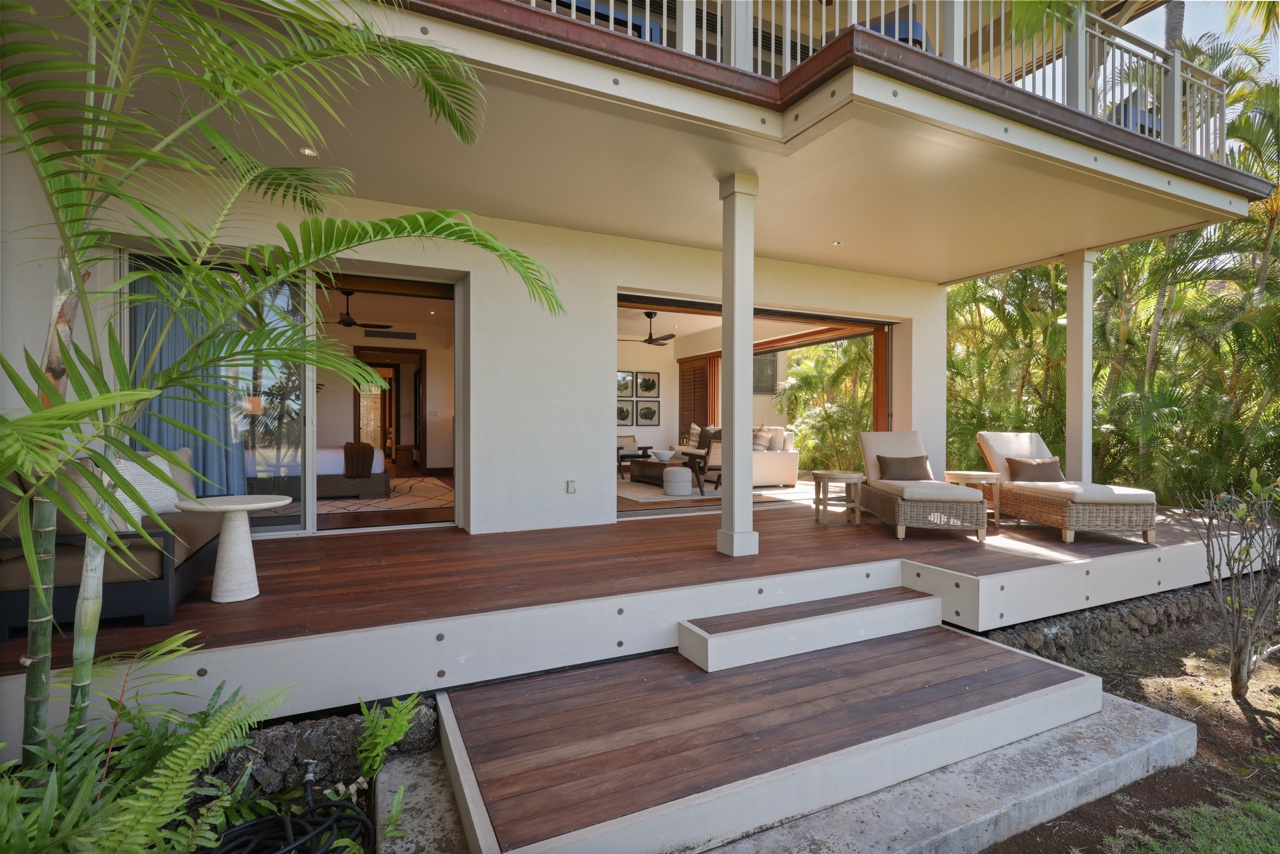 Kailua Kona Vacation Rentals, 3BD Ka'Ulu Villa (109A) at Hualalai Resort - Overall view of the downstairs, back lanai leading into the primary bedroom as well as the media room.