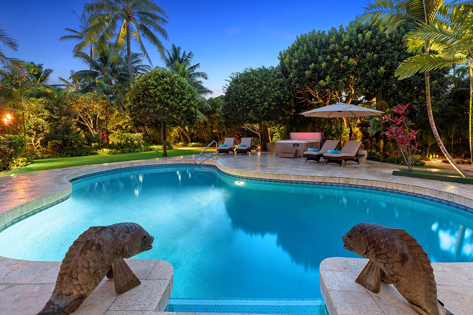 Kailua Vacation Rentals, Kailua Shores Estate 8 Bedroom - Bright blue pool surrounded by palm trees and tropical gardens, offering a serene escape.
