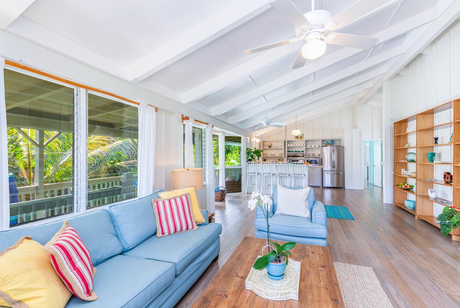 Hanalei Vacation Rentals, Hale Kanani (Kaua'i) TVNC 1342 - Living area looking towards entry and kitchen