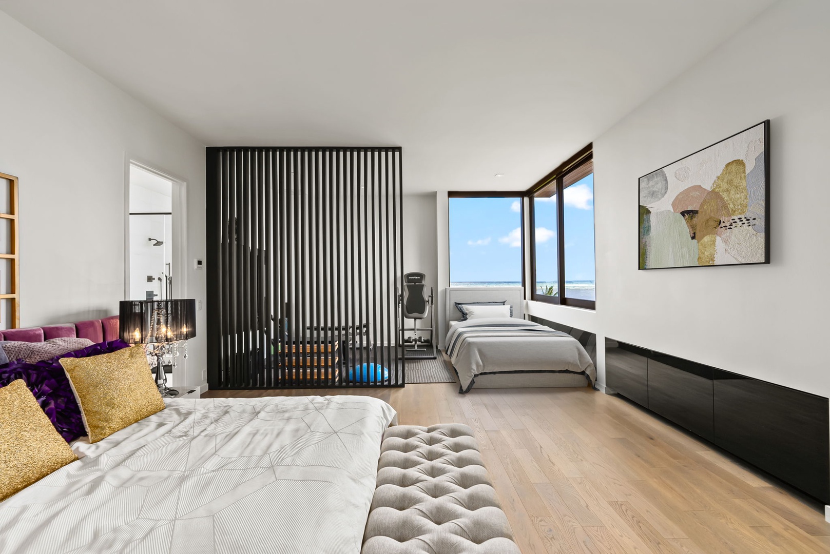 Honolulu Vacation Rentals, Ocean Villa Emilie - A transitional guest suite featuring privacy slats, reading nook, and floor-to-ceiling views for total relaxation.