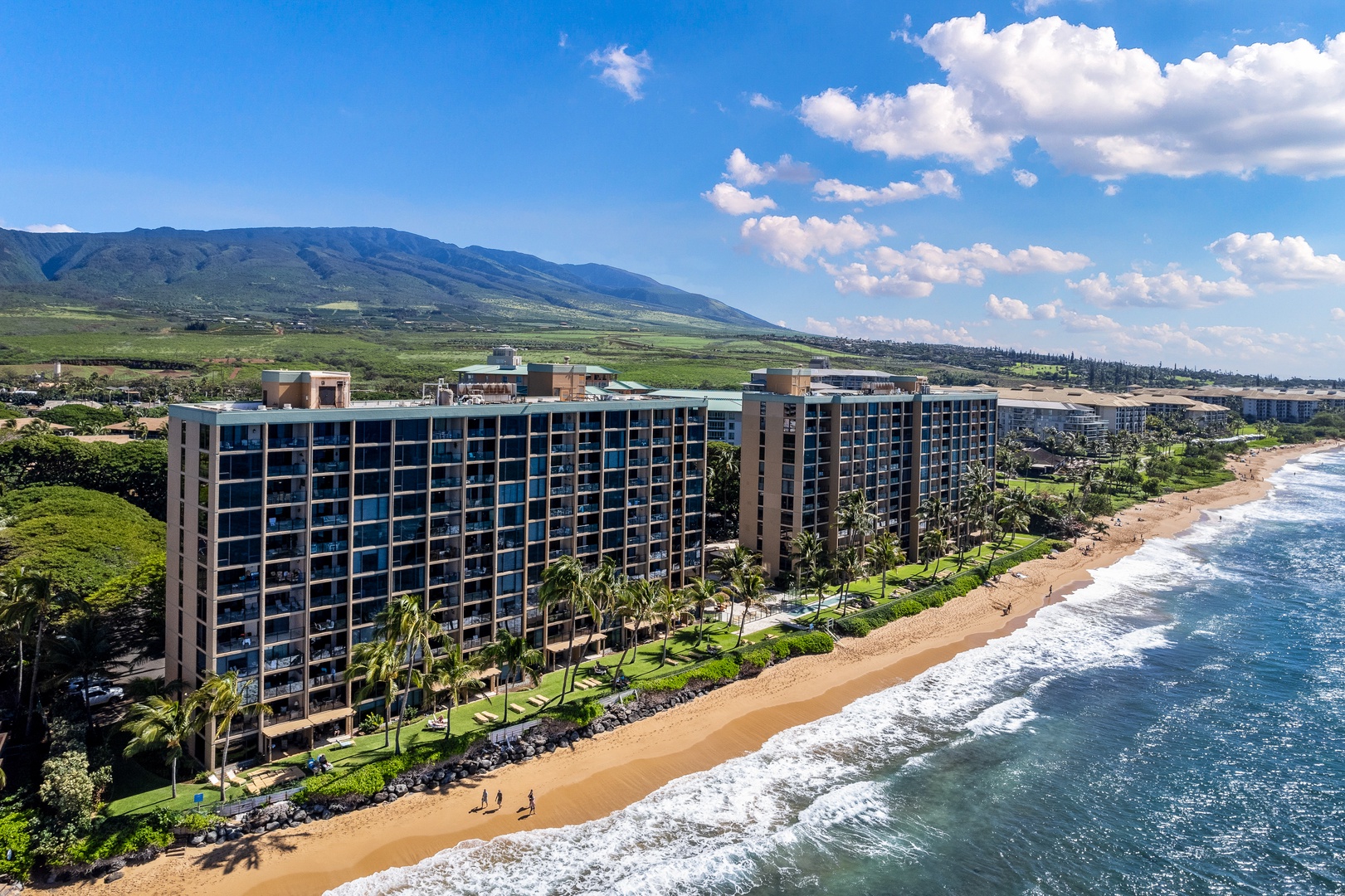 Lahaina Vacation Rentals, Mahana 1118 - Aerial view of Mahana 1118 showcases its unbeatable beachfront location on Maui.