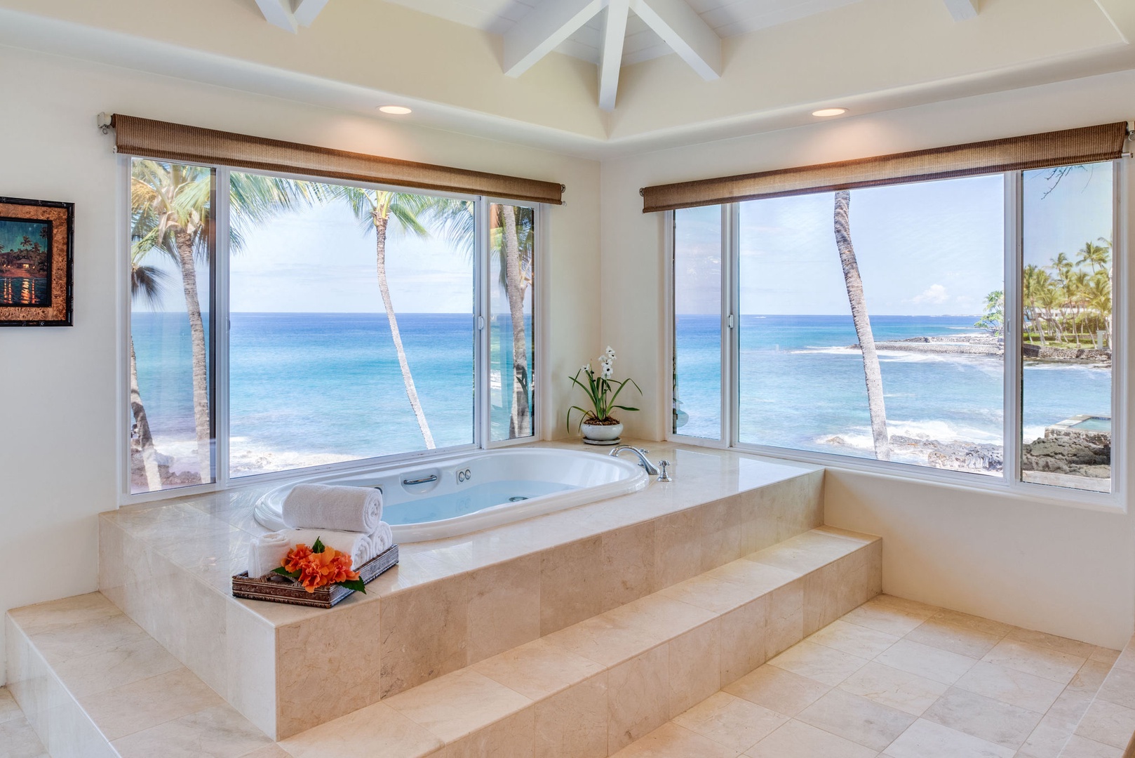 Kailua Kona Vacation Rentals, Kona Beach Bungalows** - Indulge in relaxation in the Lihikai Master ensuite soaking tub, as expansive windows frame breathtaking ocean views