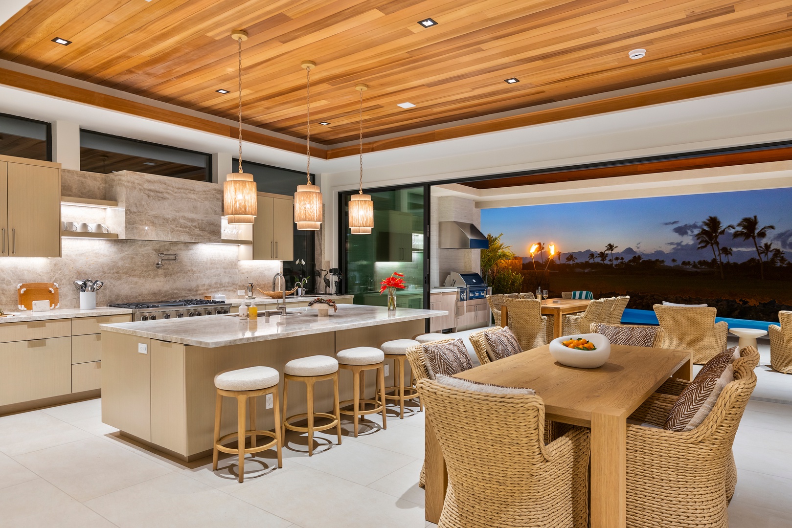 Kamuela Vacation Rentals, 6BD Mauna Lani Lux Golf Estate (5) at One Ocean - Take in vibrant evening skies and the warm glow of tiki torches from indoors.