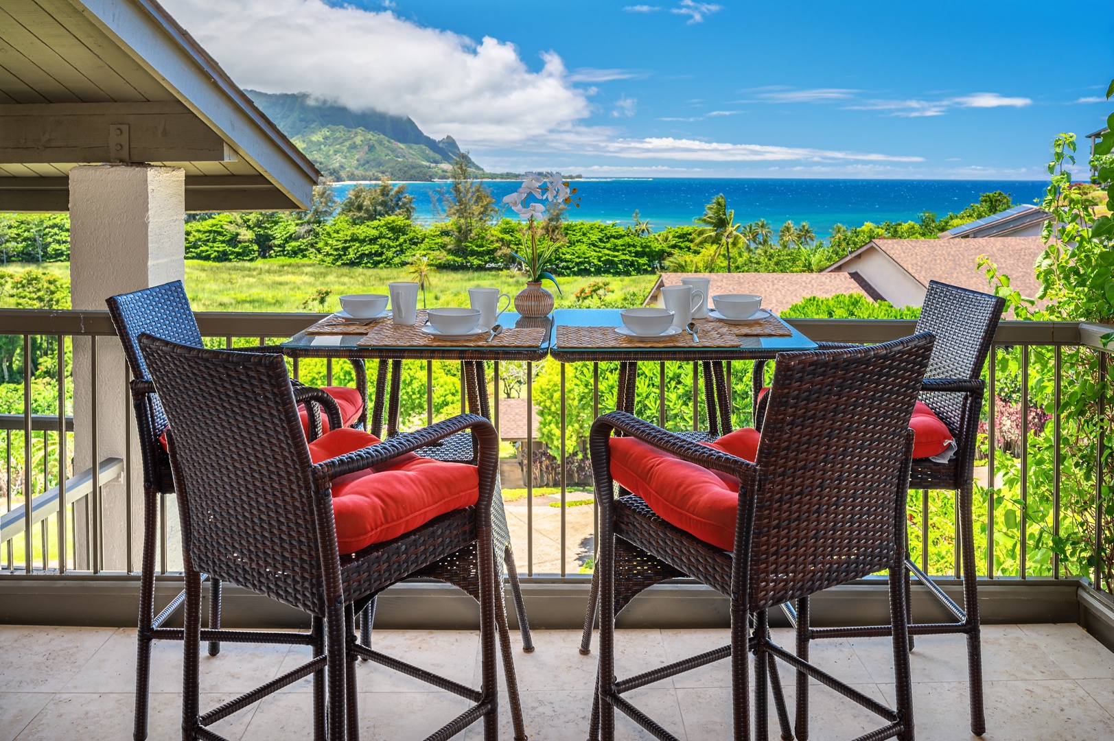 Princeville Vacation Rentals, Hanalei Bay Resort 7307/08 - Outdoor dining with ocean and Bali Hai views.