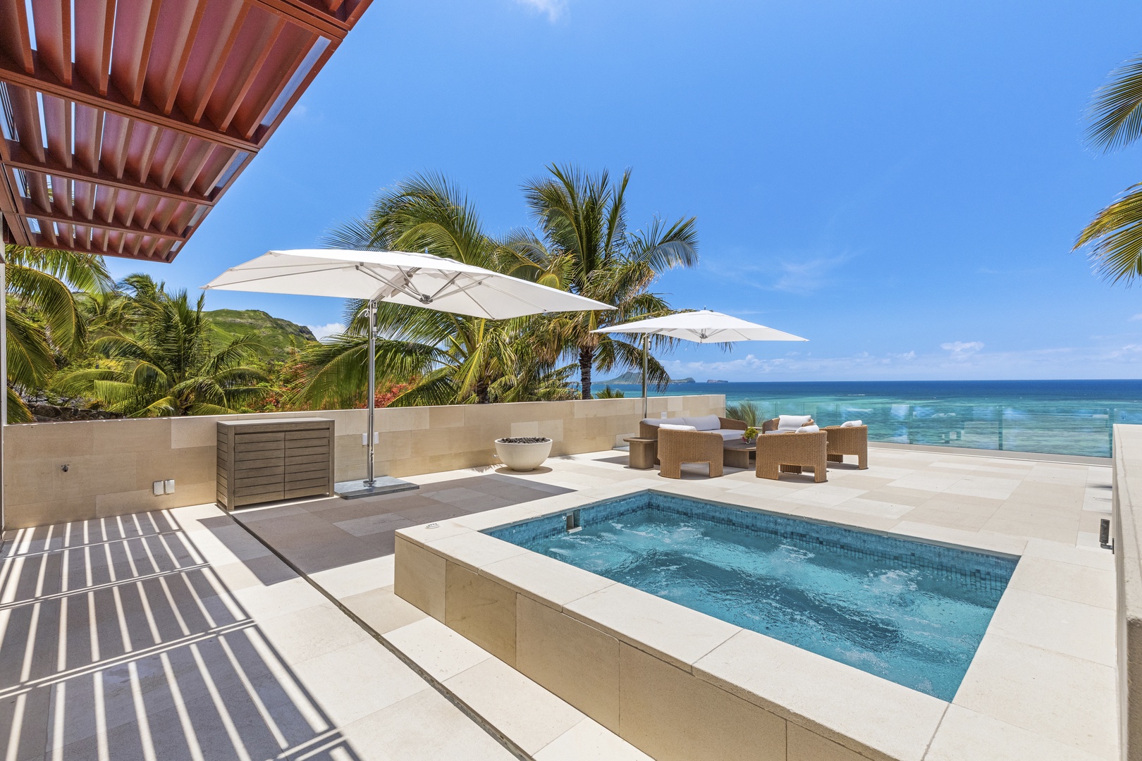 Kailua Vacation Rentals, Lanikai Hillside Estate - Enjoy ultimate relaxation on the second-floor sun deck, complete with a Jacuzzi and cozy chaise loungers.