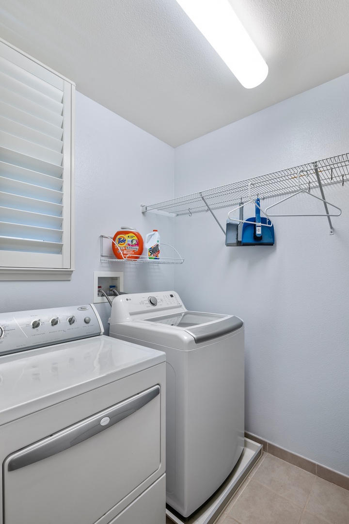 Your private laundry room makes packing light a breeze, with full-size washer and dryer plus convenient storage shelving.