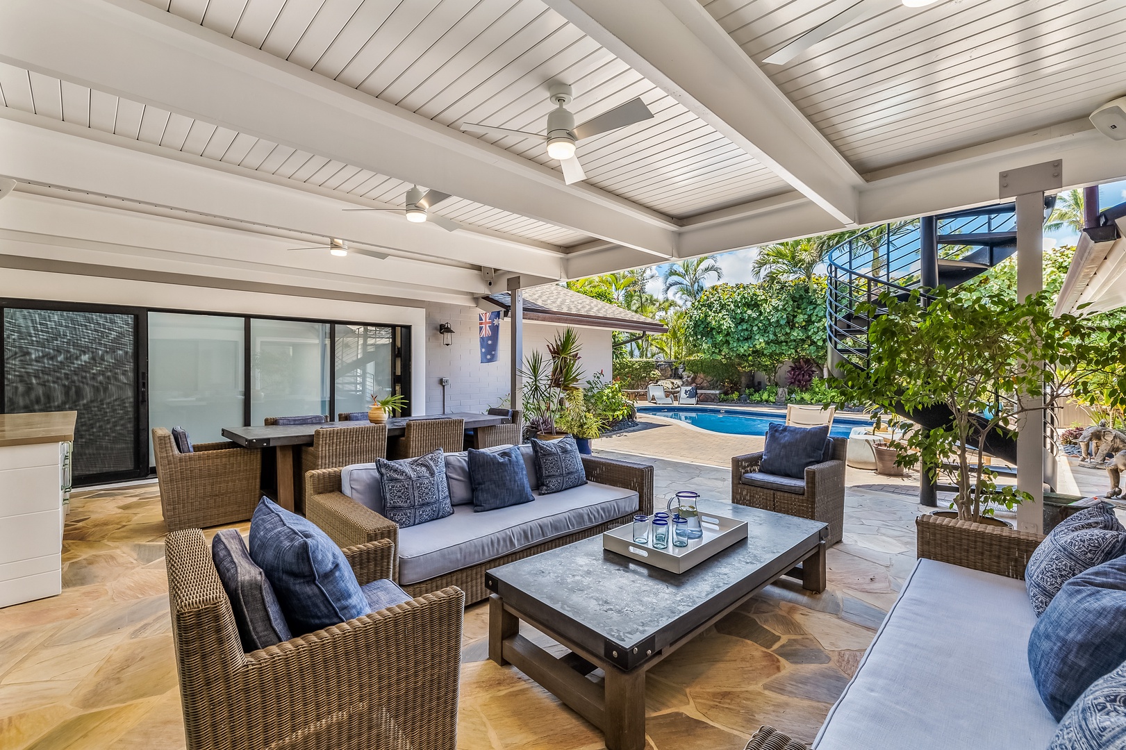 Kailua Vacation Rentals, Hale Ohana - This covered lanai with ceiling fans interconnects with the indoor living area