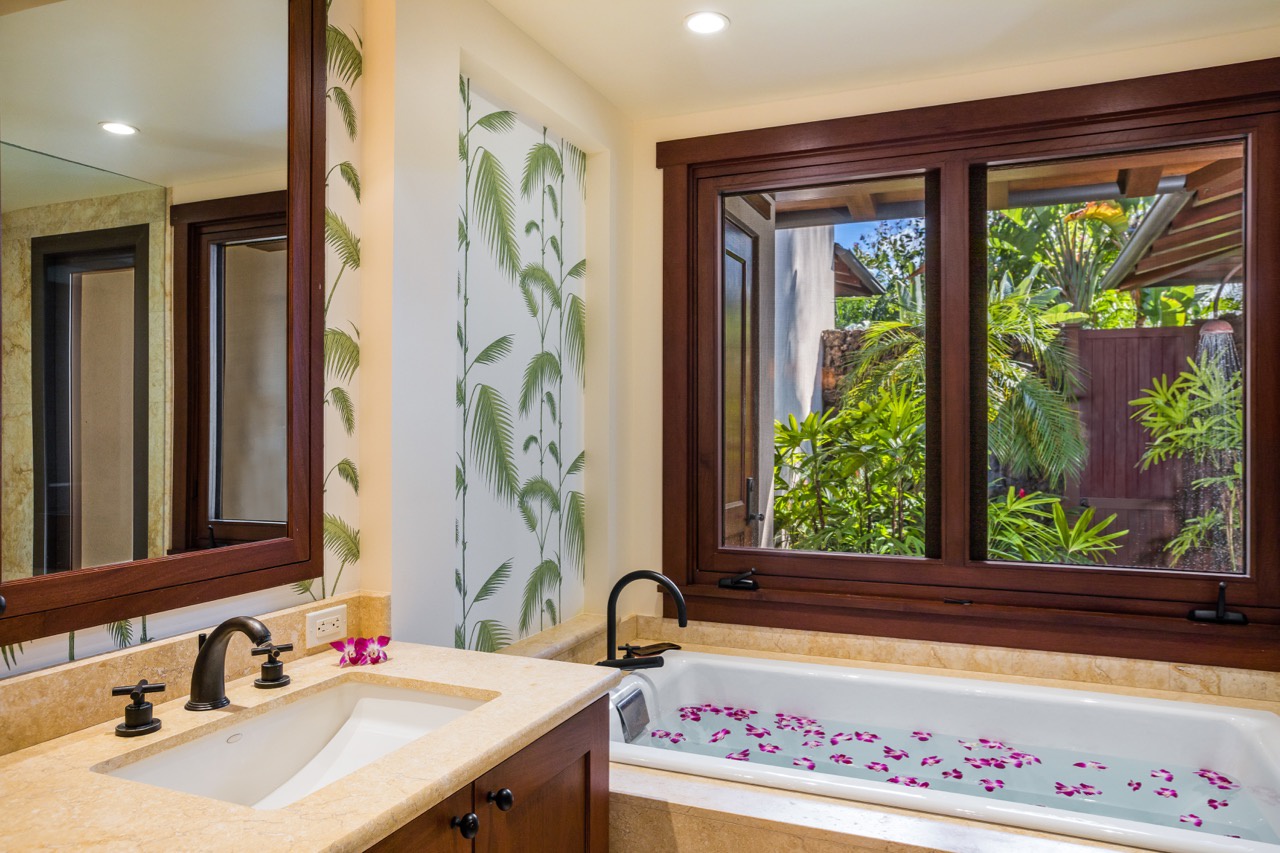 Kailua Kona Vacation Rentals, 2BD Hali'ipua Villa (108) at Four Seasons Resort at Hualalai - Oversized tub with view to outdoor shower garden.