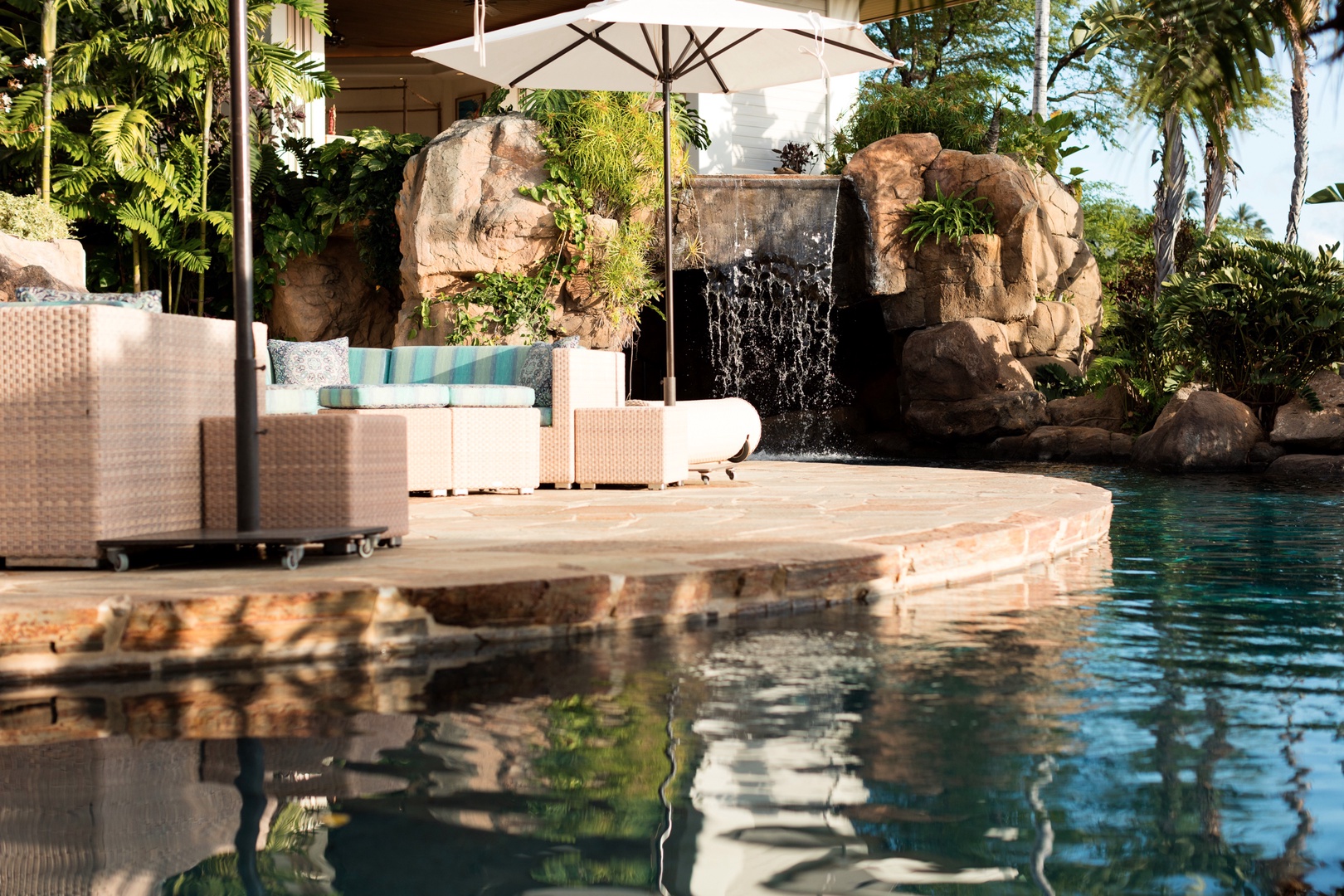 Kamuela Vacation Rentals, 5BD Fairways North (1) Estate Home at Mauna Kea Resort - Pool detail with waterfall.